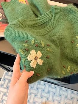 Women's Embroidered Floral Sweater Chunky Knit Crewneck Long